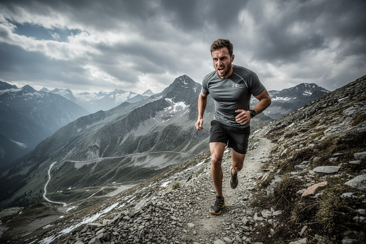 man running at high altitude in the mountains