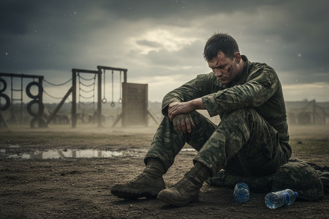 exhausted soldier near an assault course