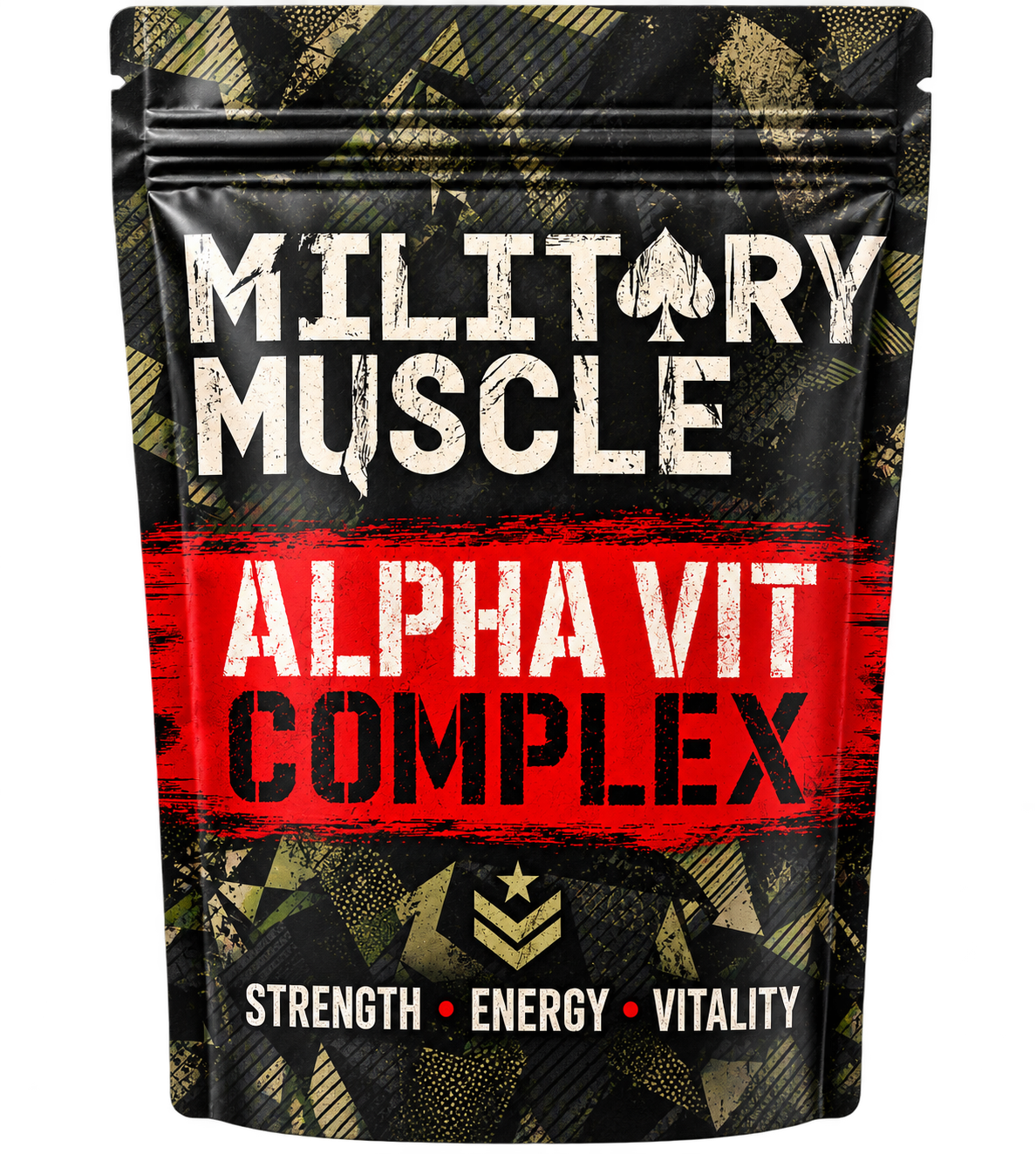 A stand-up pouch of Military Muscle Alpha Vit Complex supplement. The packaging features a black background with a distressed red horizontal band and a gold camouflage pattern at the top and bottom.