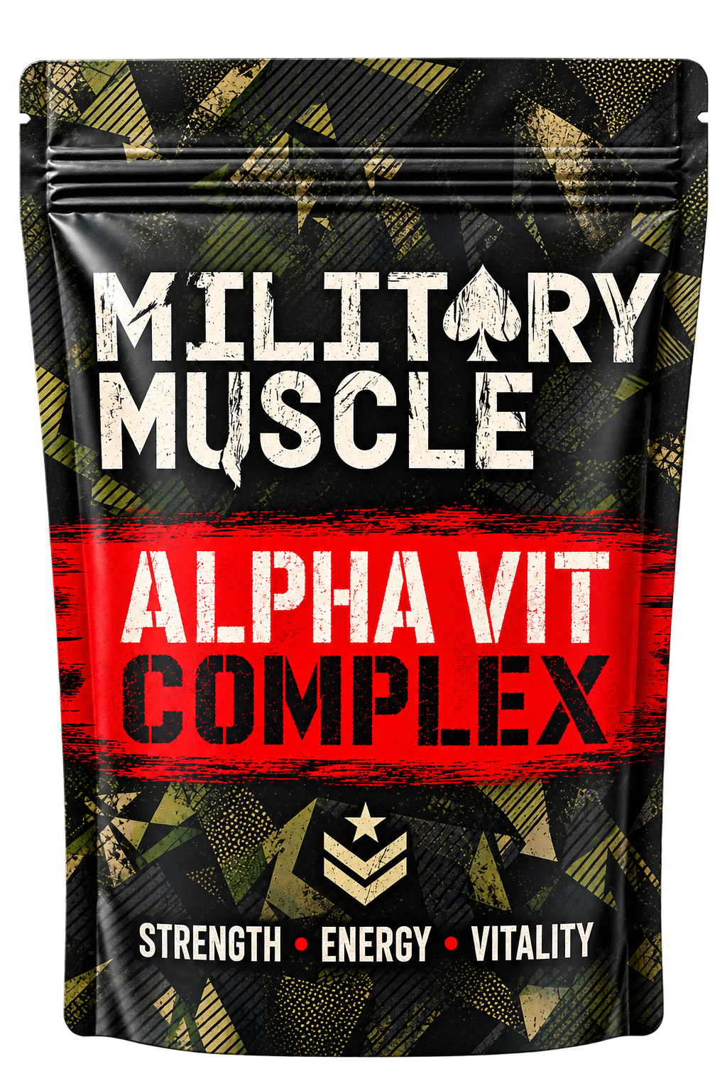 A stand-up pouch package for Military Muscle Alpha Vit Complex, featuring a black background with a red horizontal band and gold geometric accents.