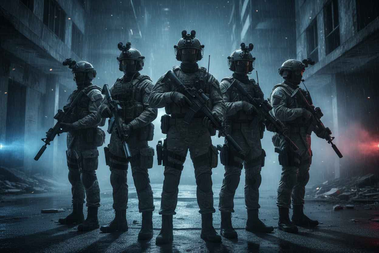 soldiers outside in a dark urban area