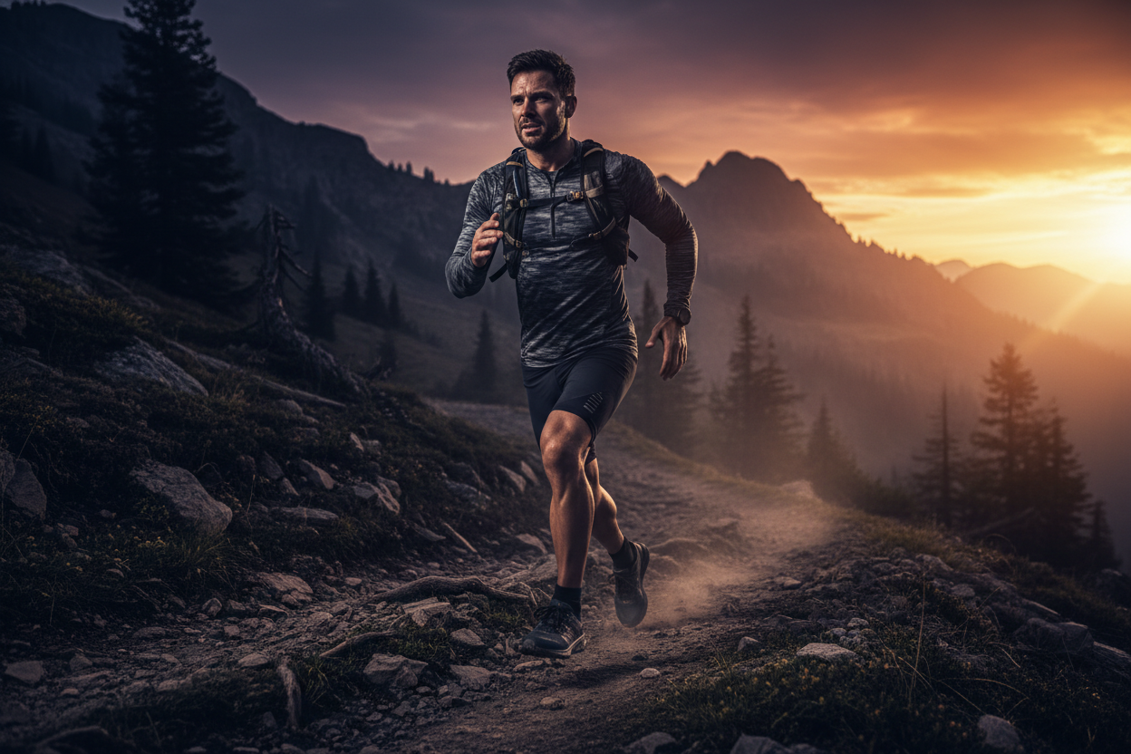 man running through the mountains