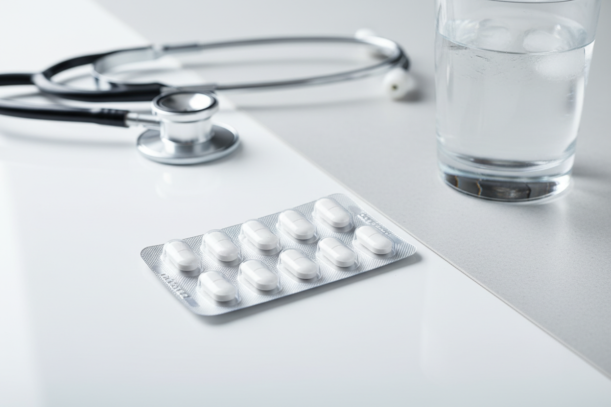 ibuprofen capsules and a glass of water