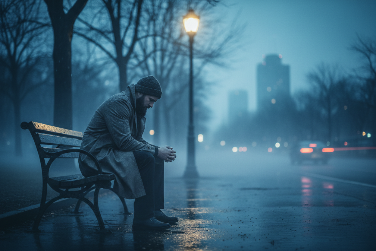 man sat on a bench by a road in a dusk environment