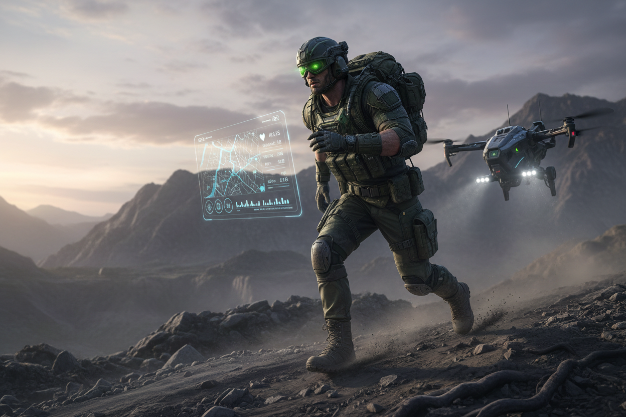 a soldier running through rocky terrain