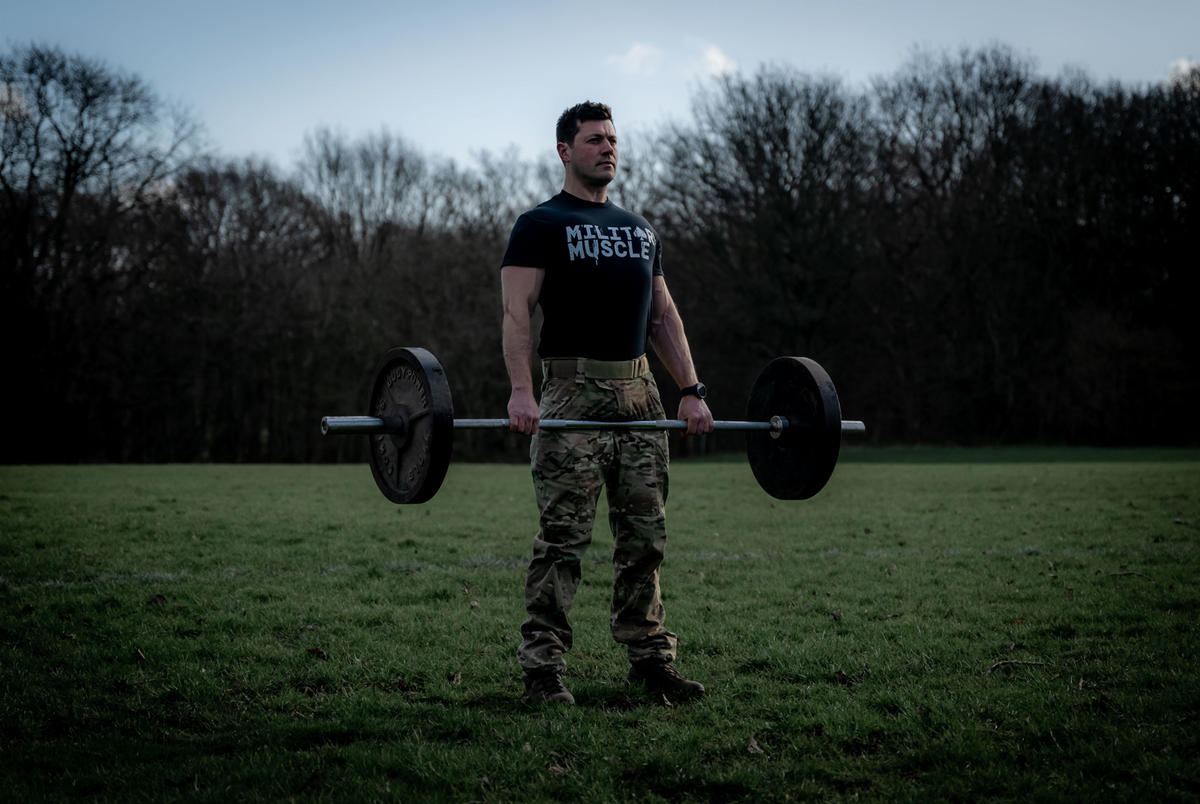 man deadlifting wearing a military muscle tee shirt and presicion crye multicam trousers