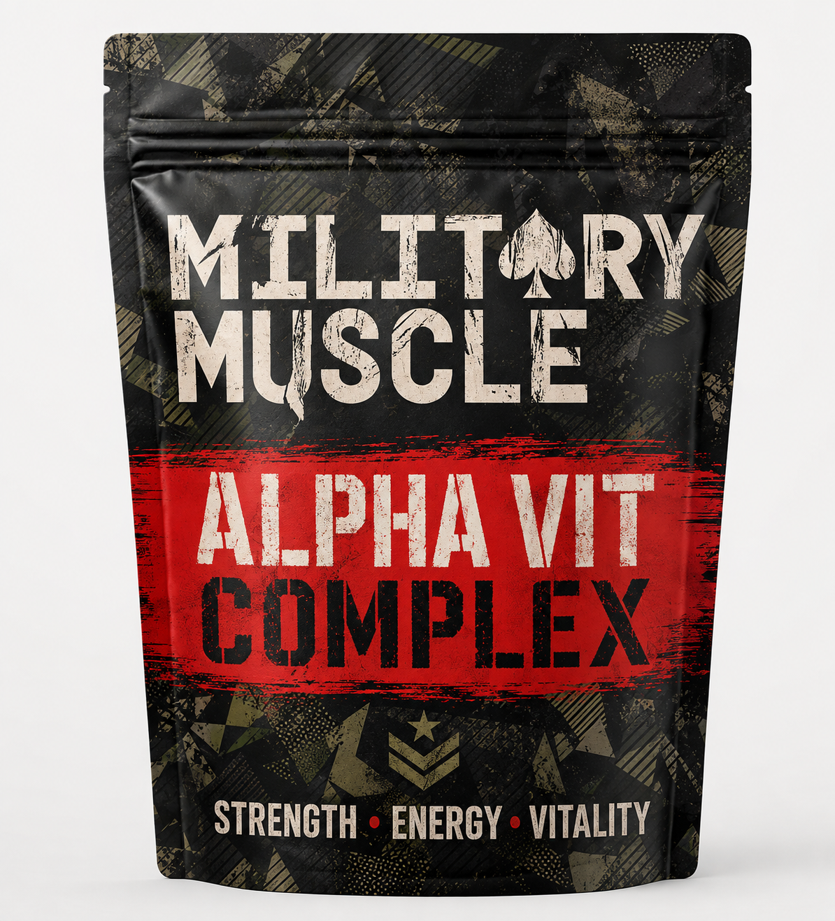 A stand-up pouch package for Military Muscle Alpha Vit Complex, featuring a black background with a red horizontal stripe and distressed white and black text.