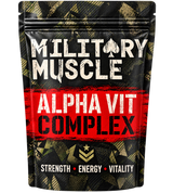 A stand-up pouch of Military Muscle Alpha Vit Complex supplement. The packaging features a black background with a distressed red horizontal band and a gold camouflage pattern at the top and bottom.