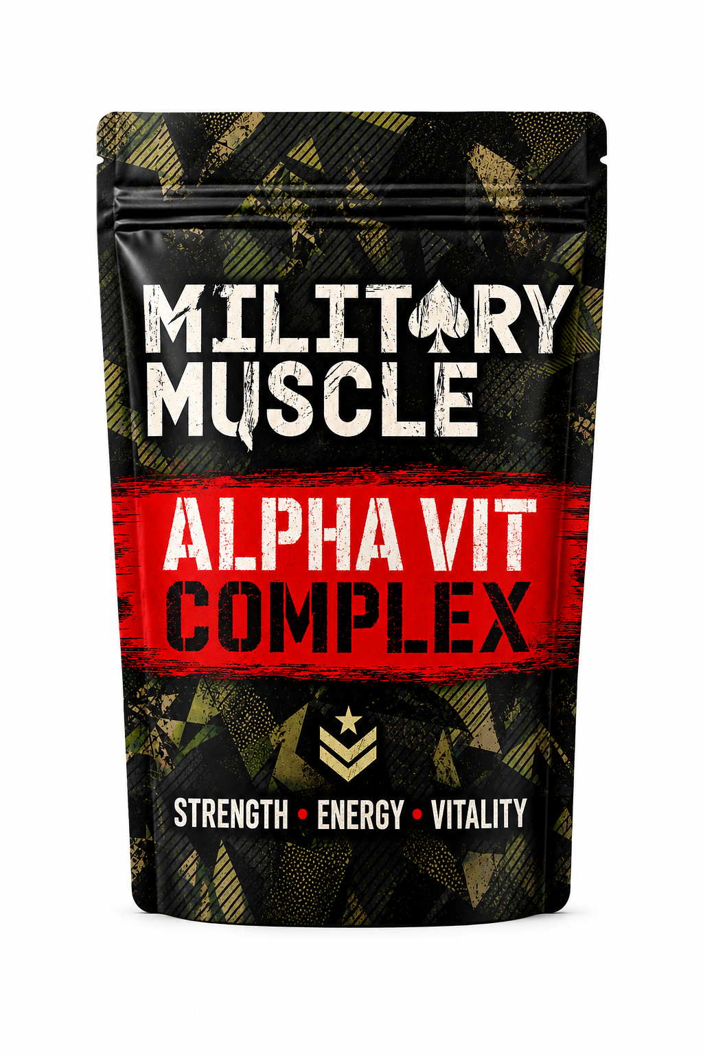 A stand-up pouch of Military Muscle Alpha Vit Complex on a plain white background. The packaging features a black base with a dark olive green camouflage pattern at the top and bottom, a bold red horizontal band in the center, and distressed white text for the brand and product name.