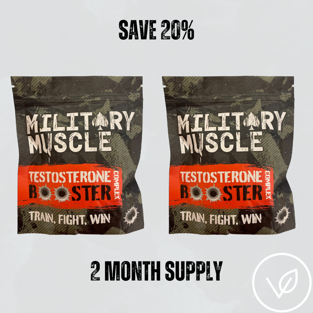 Two packages of Military Muscle Testosterone Booster, indicating a 2 month supply with save 20% offer. The packages have a camouflage background with red and white text and branding.