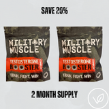 Two packages of Military Muscle Testosterone Booster, indicating a 2 month supply with save 20% offer. The packages have a camouflage background with red and white text and branding.