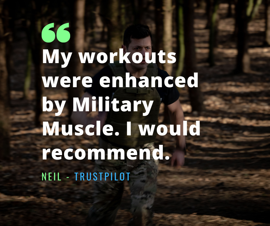 a man running through trees wearing a weighted vest and military uniform trousers