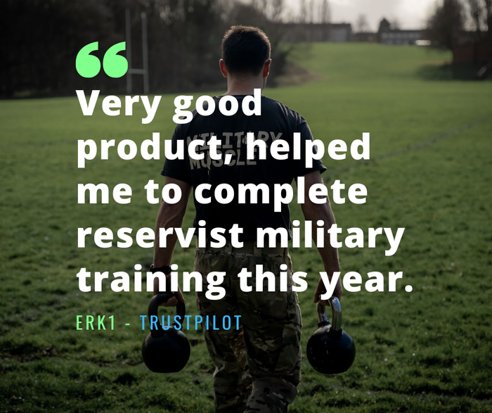 Person holding dumbbells with a testimonial quote about military training on a grassy field.
