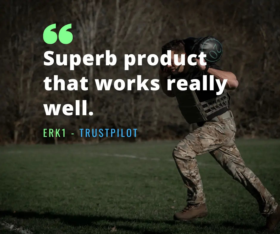 Person in camouflage gear with a quote from Trustpilot on a dark background