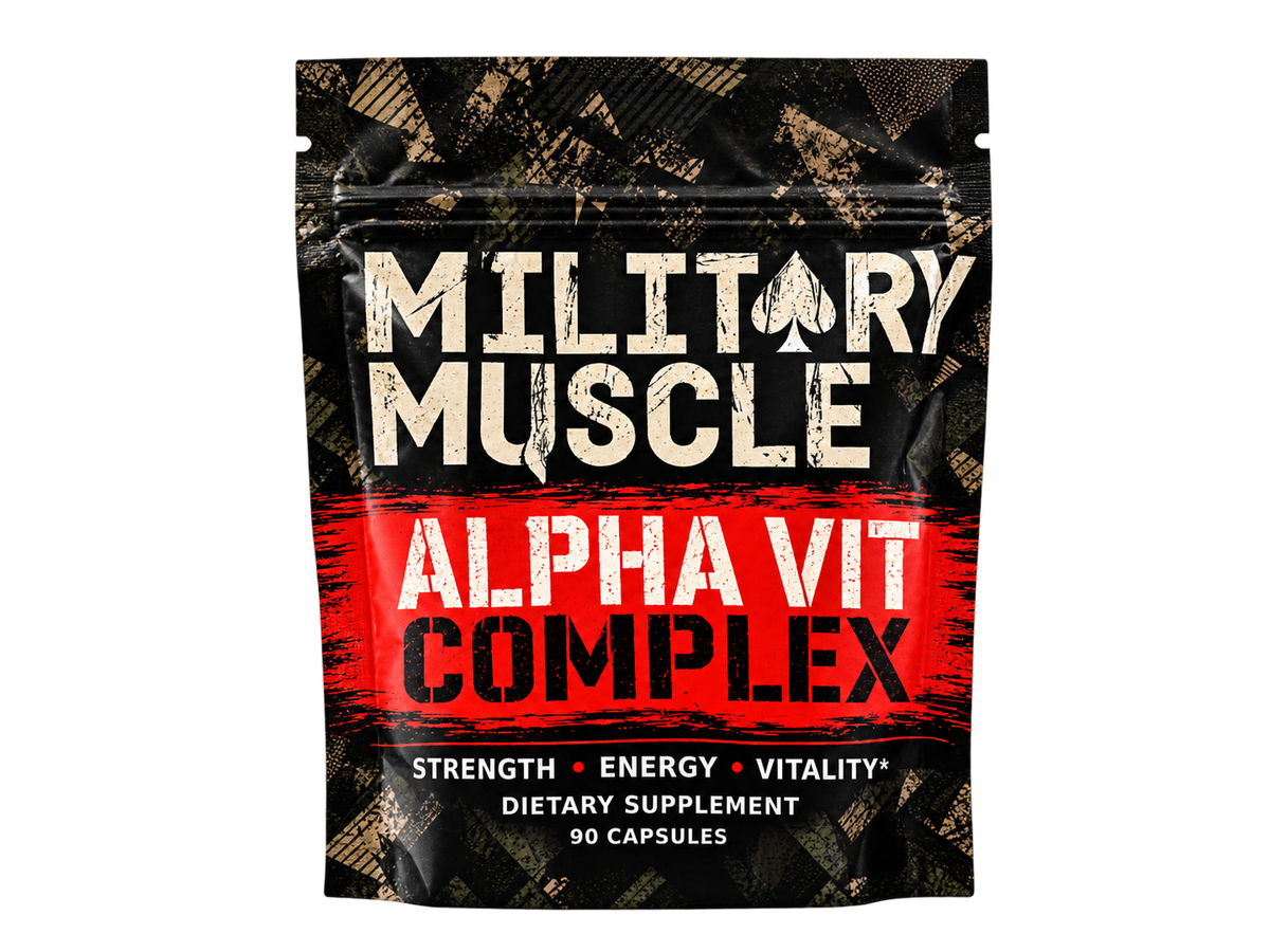 A stand-up pouch of Military Muscle Alpha Vit Complex dietary supplement, featuring a black background with a red brushstroke design and distressed white and red text.